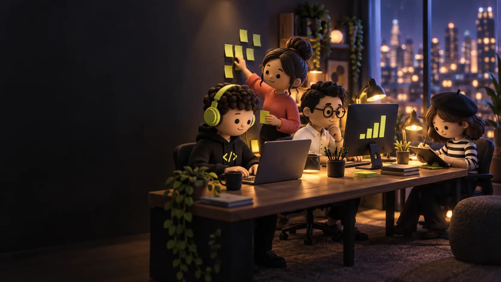 The KrewBots crew working late at a shared desk: a developer in headphones, a teammate at the sticky-note wall, one reading a chart, and a designer sketching on a tablet.