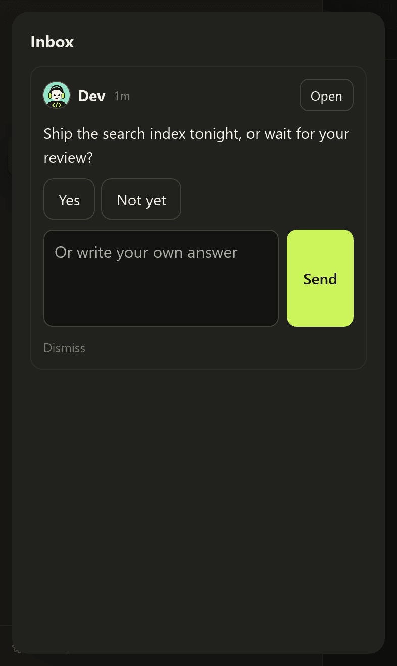 The KrewBots Inbox on a phone. Dev asks: Ship the search index tonight, or wait for your review? with Yes and Not yet buttons.