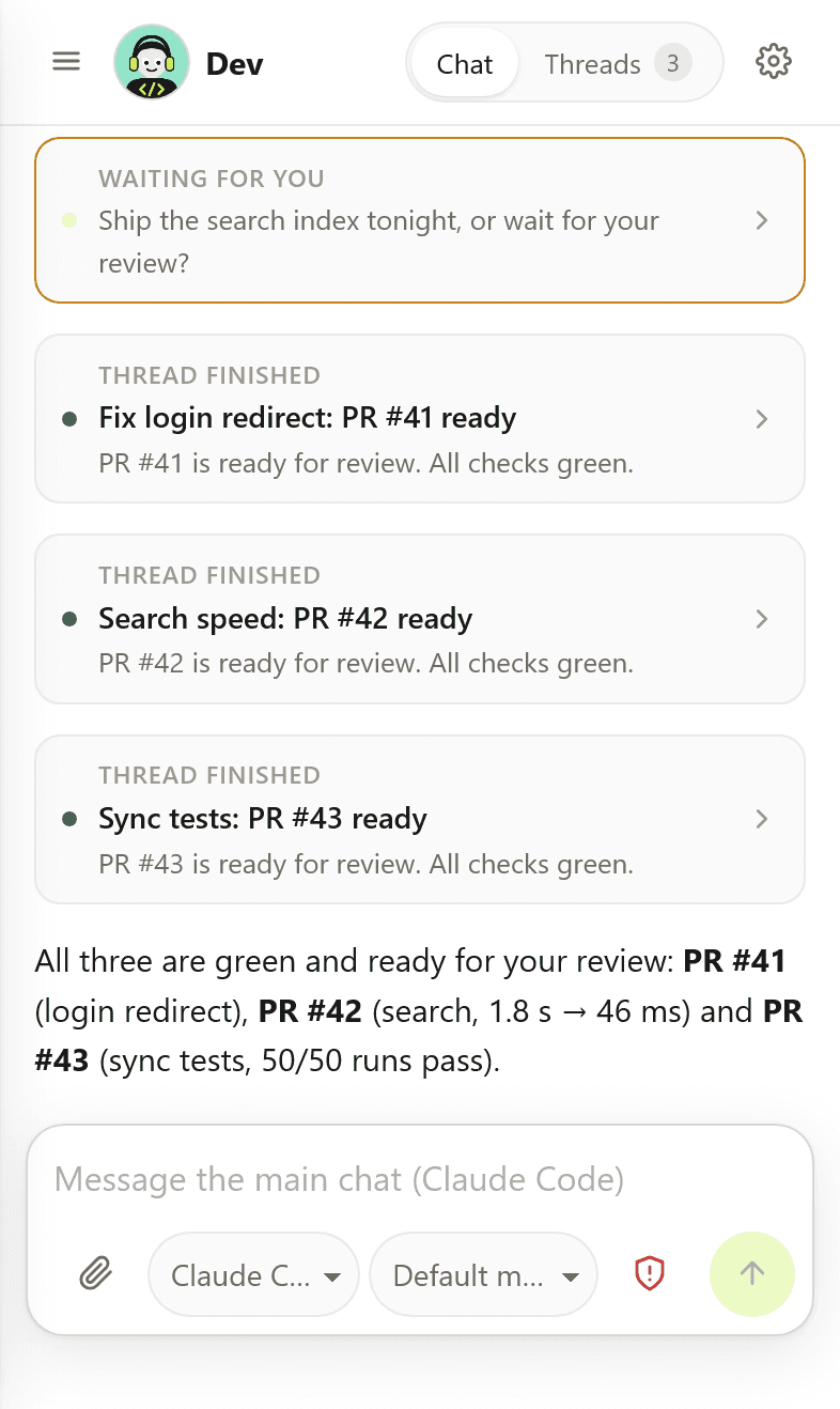 KrewBots on a phone: the Dev agent's chat with three finished threads, each with a pull request ready for review.