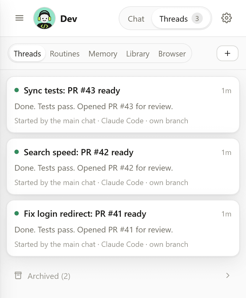 The Threads tab on a phone: three threads, each done with tests passing and a PR opened.